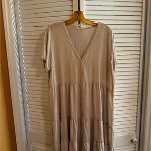 Tan Tiered Maxi Sundress with V-Neck